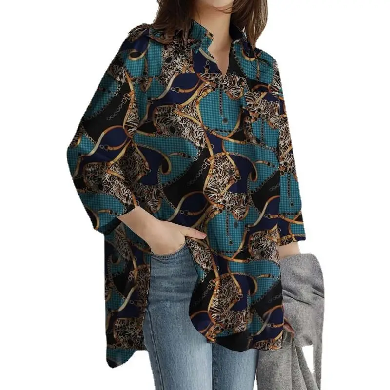 Long Sleeve Printed Office Top Brown White Pattern - Image 8