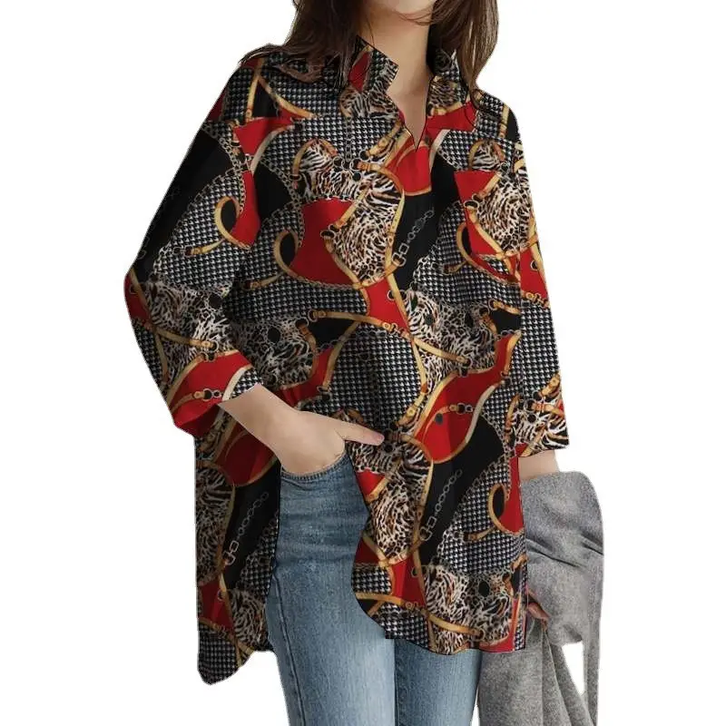 Long Sleeve Printed Office Top Brown White Pattern - Image 9
