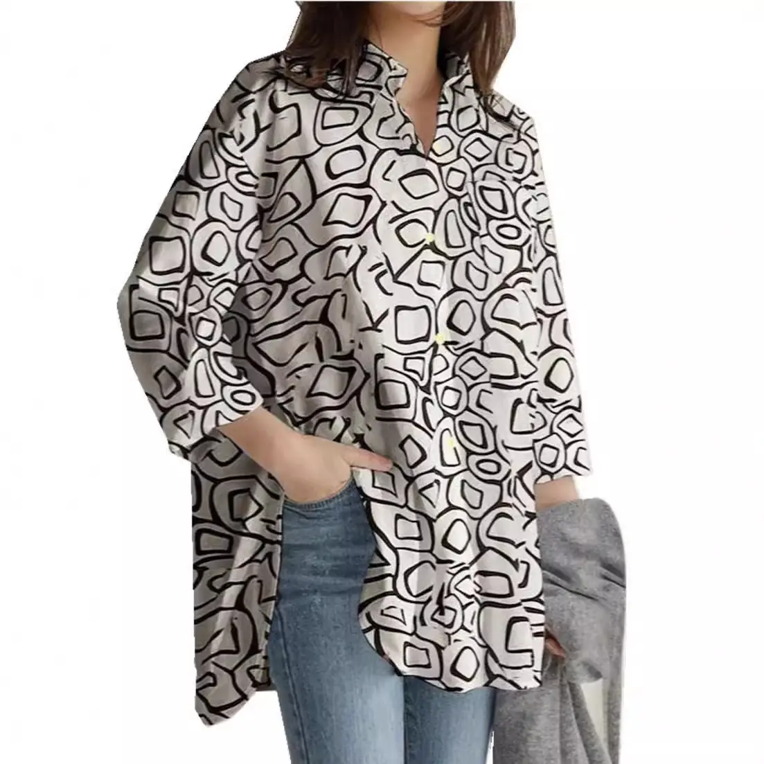 Long Sleeve Printed Office Top Brown White Pattern - Image 10
