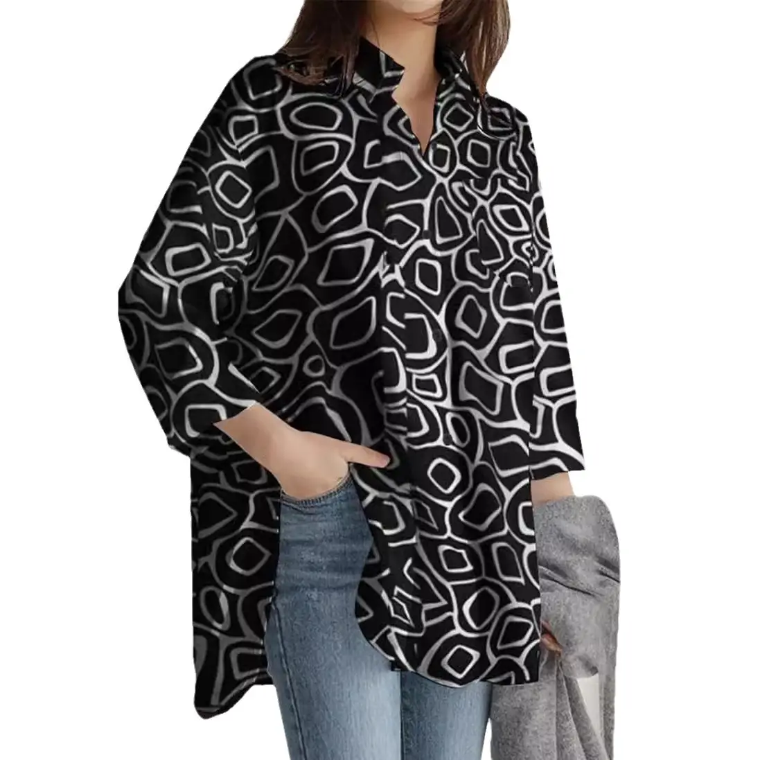 Long Sleeve Printed Office Top Brown White Pattern - Image 11