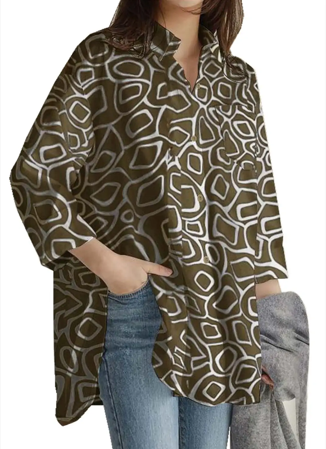 Long Sleeve Printed Office Top Brown White Pattern - Image 4