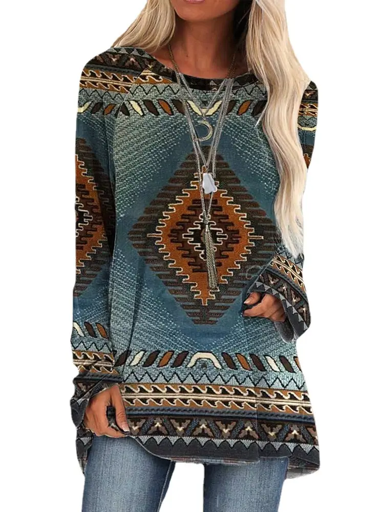 2022 Foreign Trade Cross-border Women's Fashion Loose Round Neck Digital Printing Western Style Long Sleeve Top 6935