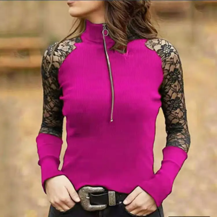 Maroon Lace Long Sleeve High Neck Top with Patchwork Design - Image 4