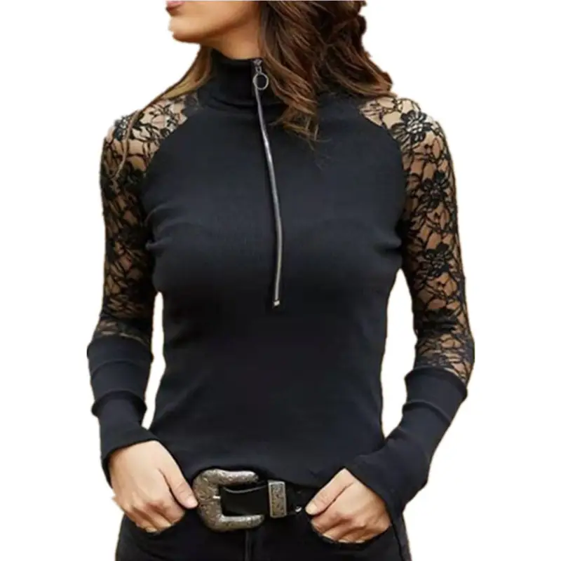 Maroon Lace Long Sleeve High Neck Top with Patchwork Design - Image 2