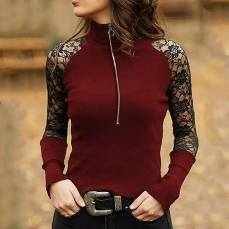 Maroon Lace Long Sleeve High Neck Top with Patchwork Design - Image 3