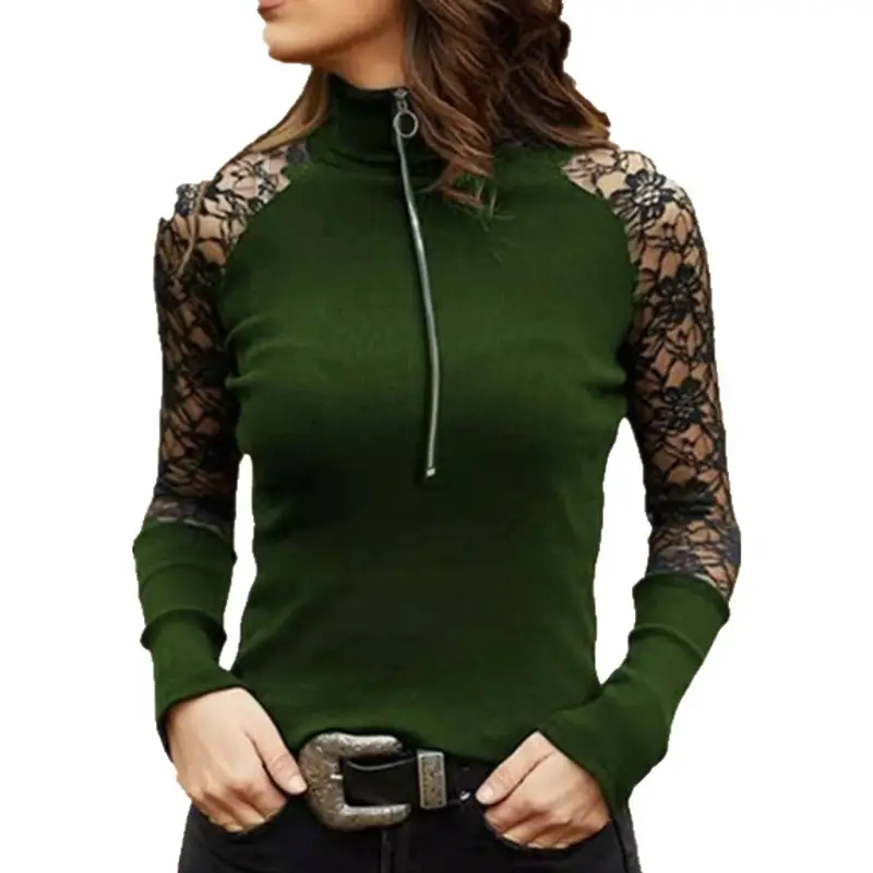 Maroon Lace Long Sleeve High Neck Top with Patchwork Design - Image 5