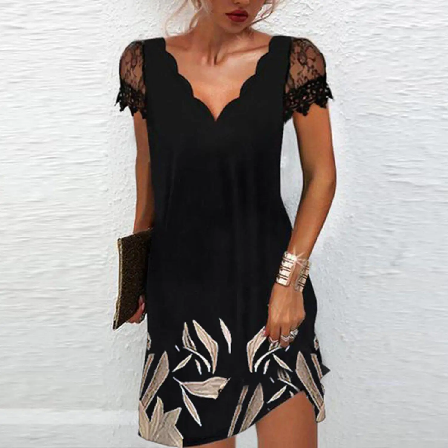 Black Floral Lace V Neck Dress for Women