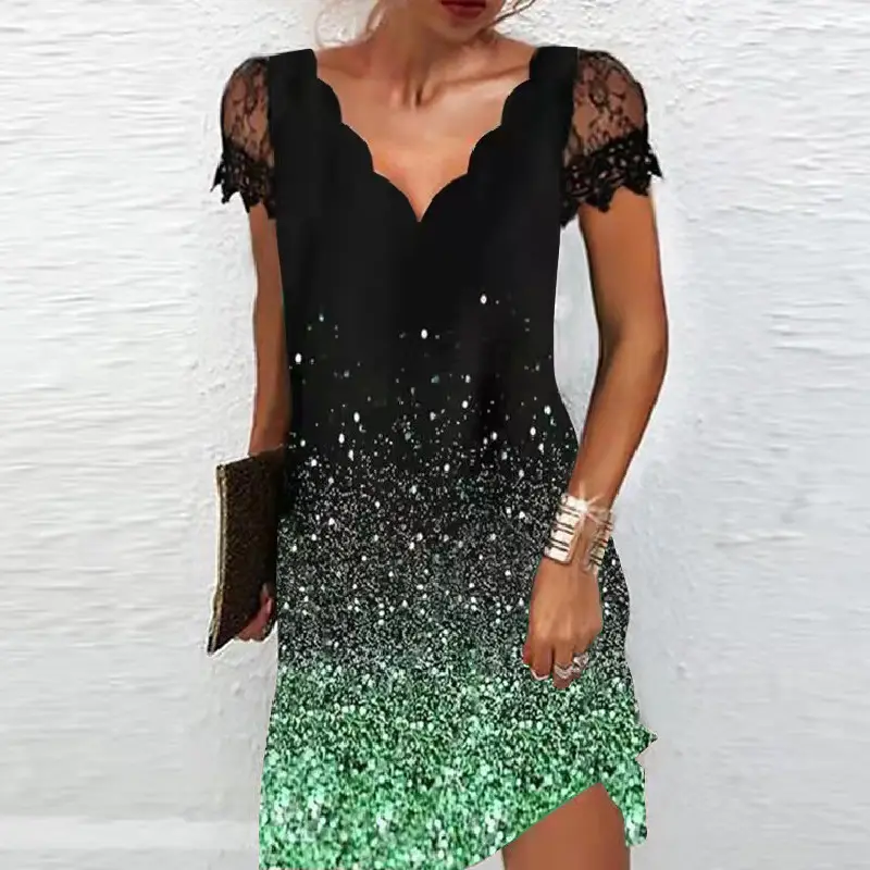Black Floral Lace V Neck Dress for Women