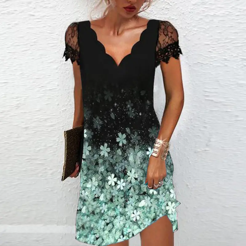 Black Floral Lace V Neck Dress for Women
