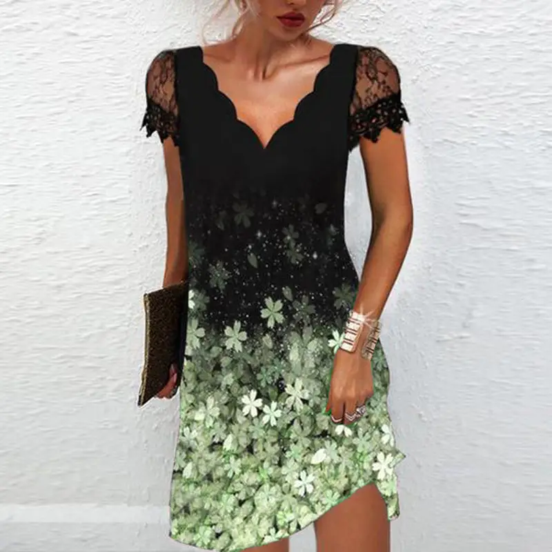 Black Floral Lace V Neck Dress for Women