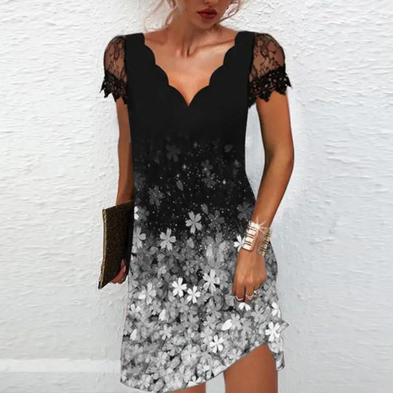 Black Floral Lace V Neck Dress for Women