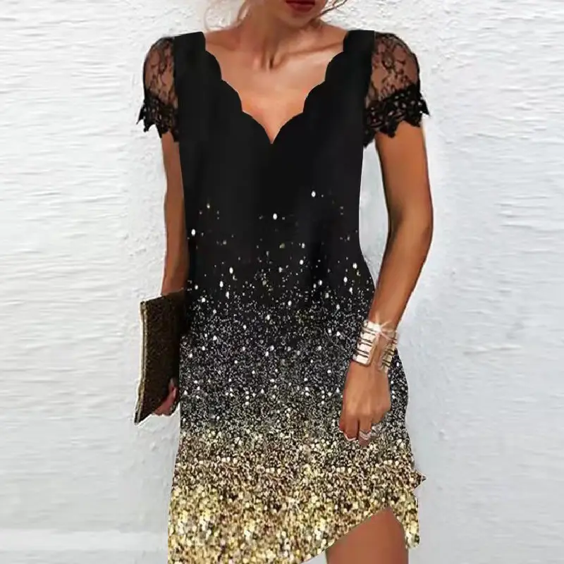 Black Floral Lace V Neck Dress for Women