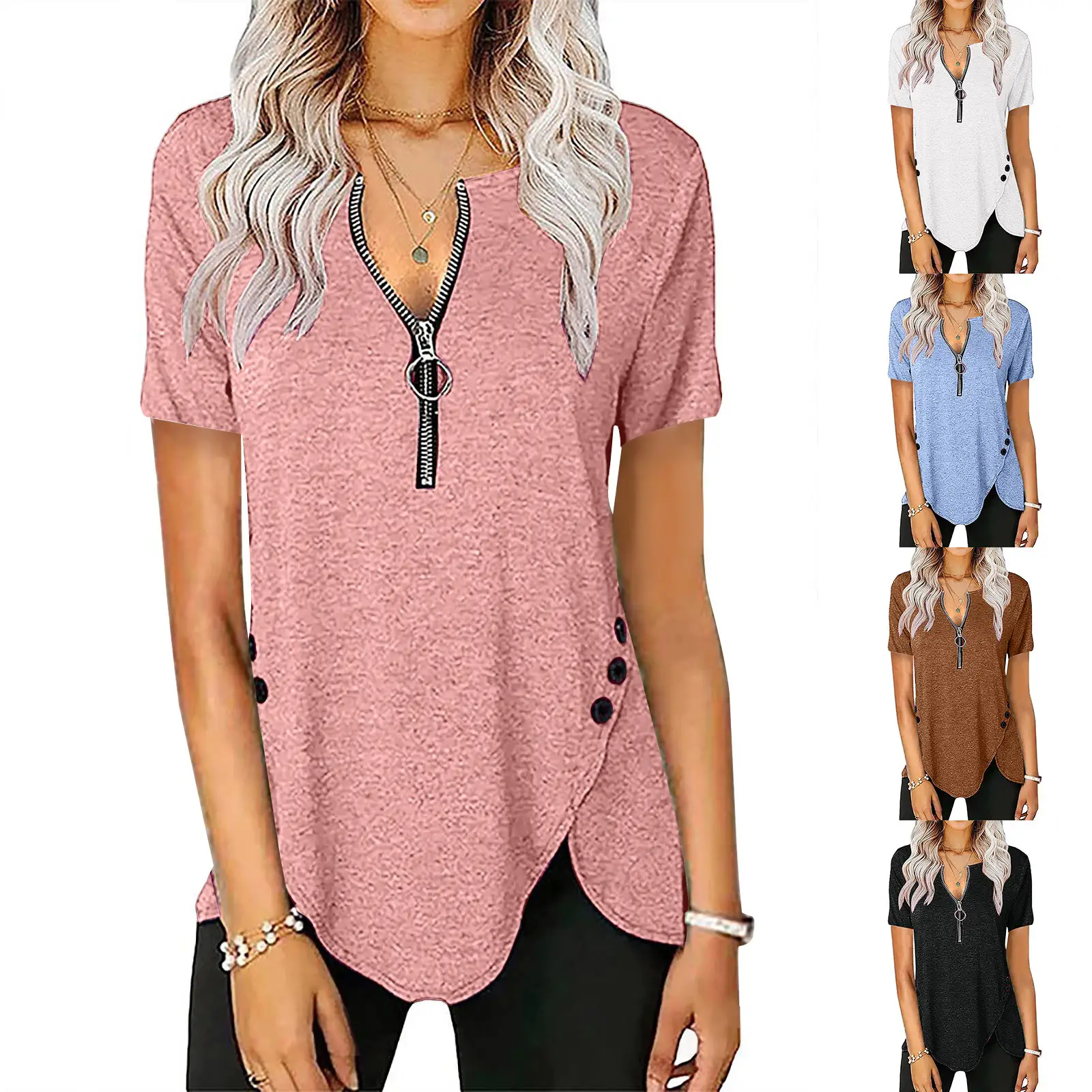 Blue V-Neck Zipper Button T-Shirt for Women - Image 11