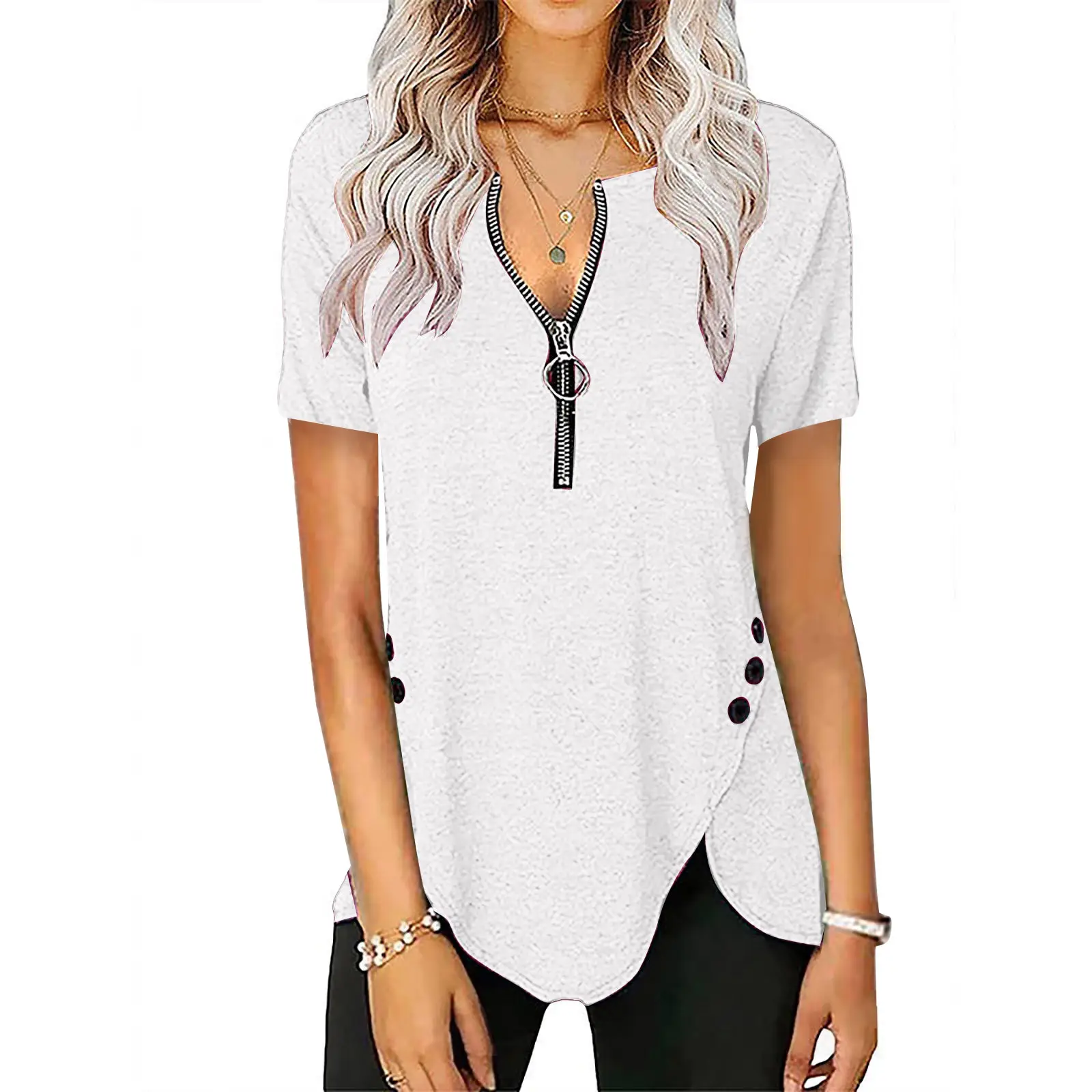 Blue V-Neck Zipper Button T-Shirt for Women - Image 12