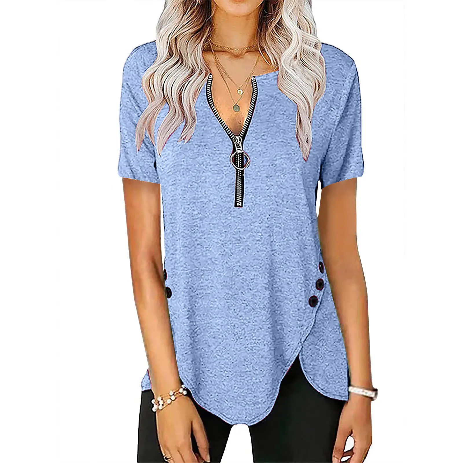 Blue V-Neck Zipper Button T-Shirt for Women - Image 14