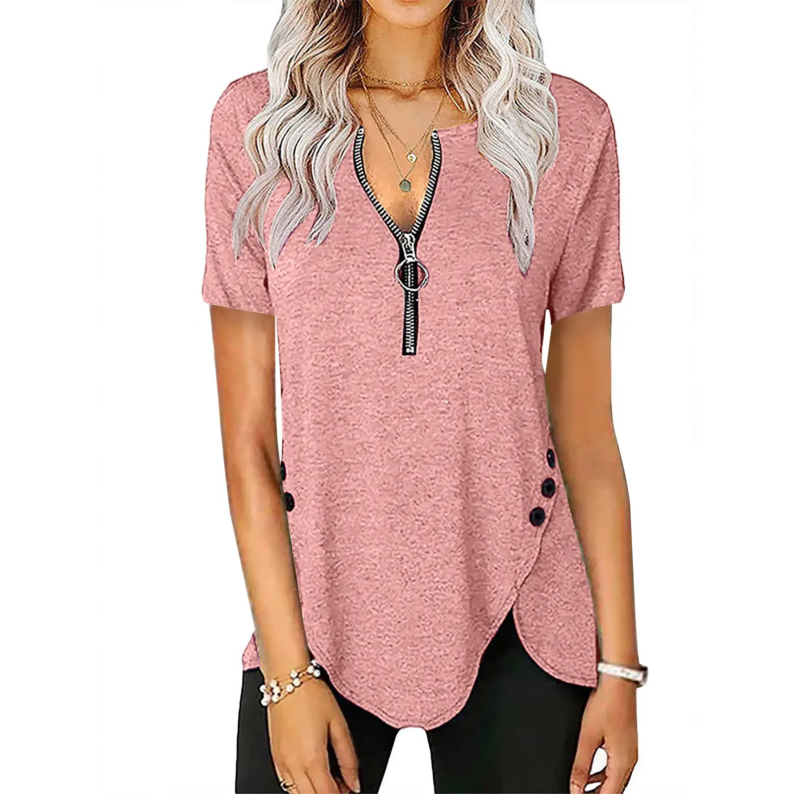 Blue V-Neck Zipper Button T-Shirt for Women - Image 15