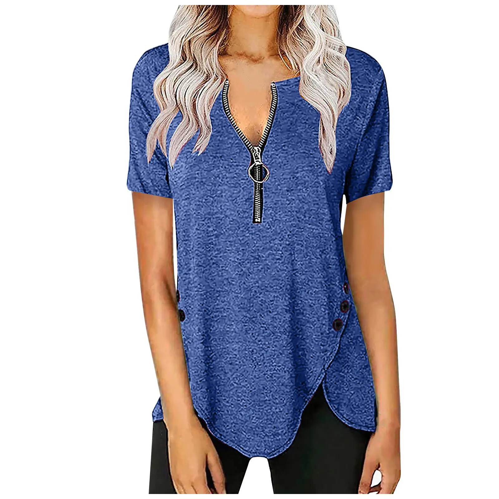 Blue V-Neck Zipper Button T-Shirt for Women - Image 10