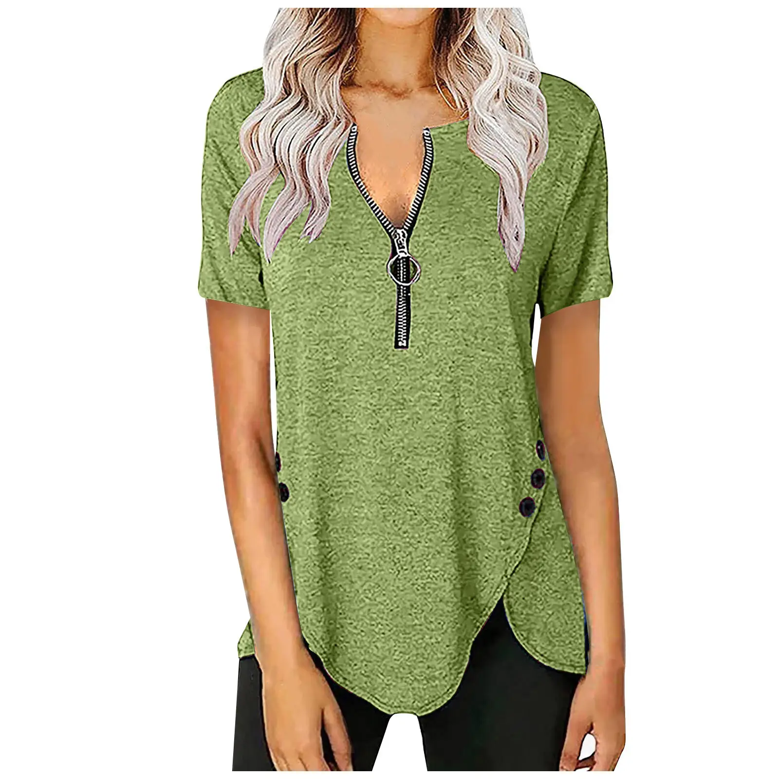 Blue V-Neck Zipper Button T-Shirt for Women - Image 2