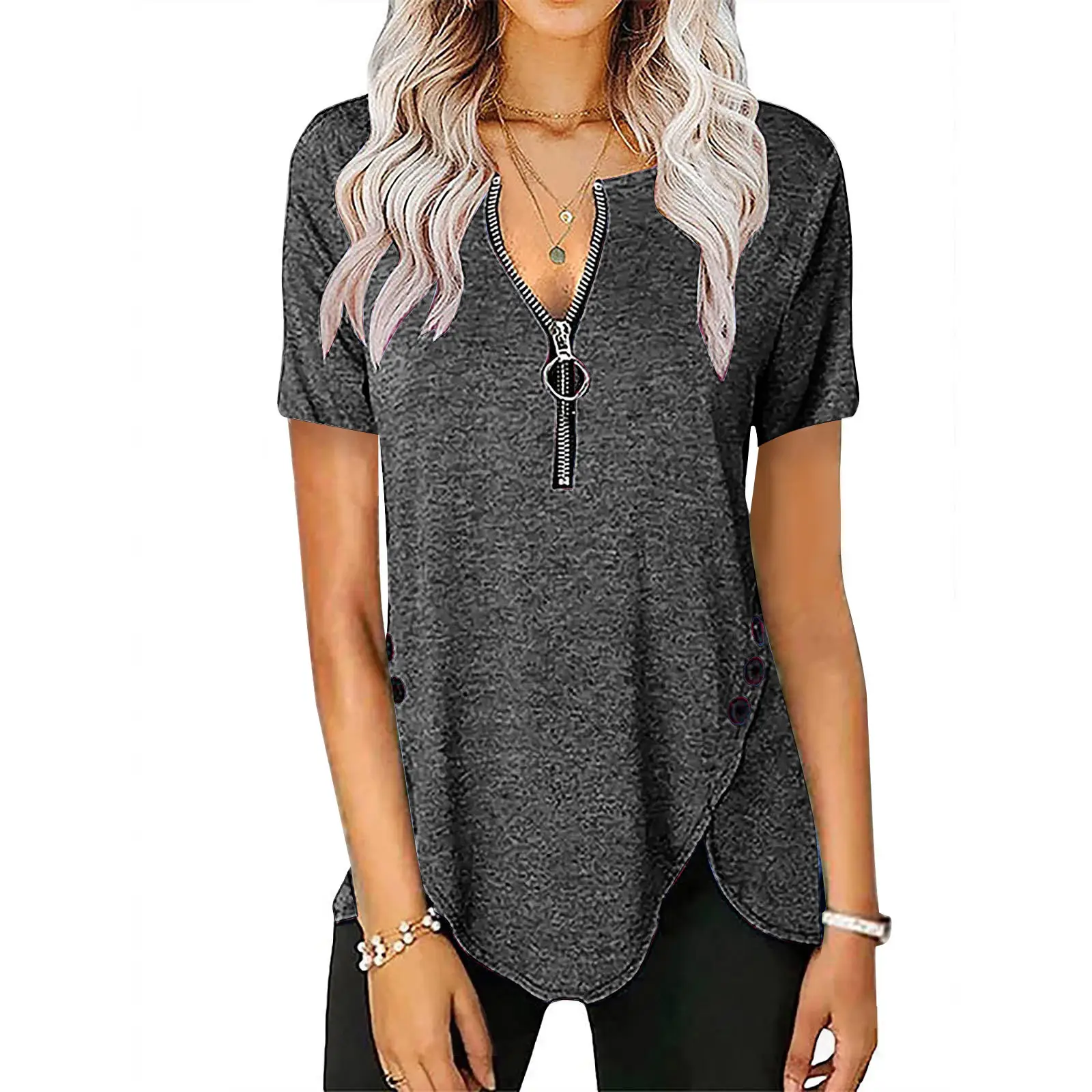 Blue V-Neck Zipper Button T-Shirt for Women - Image 3