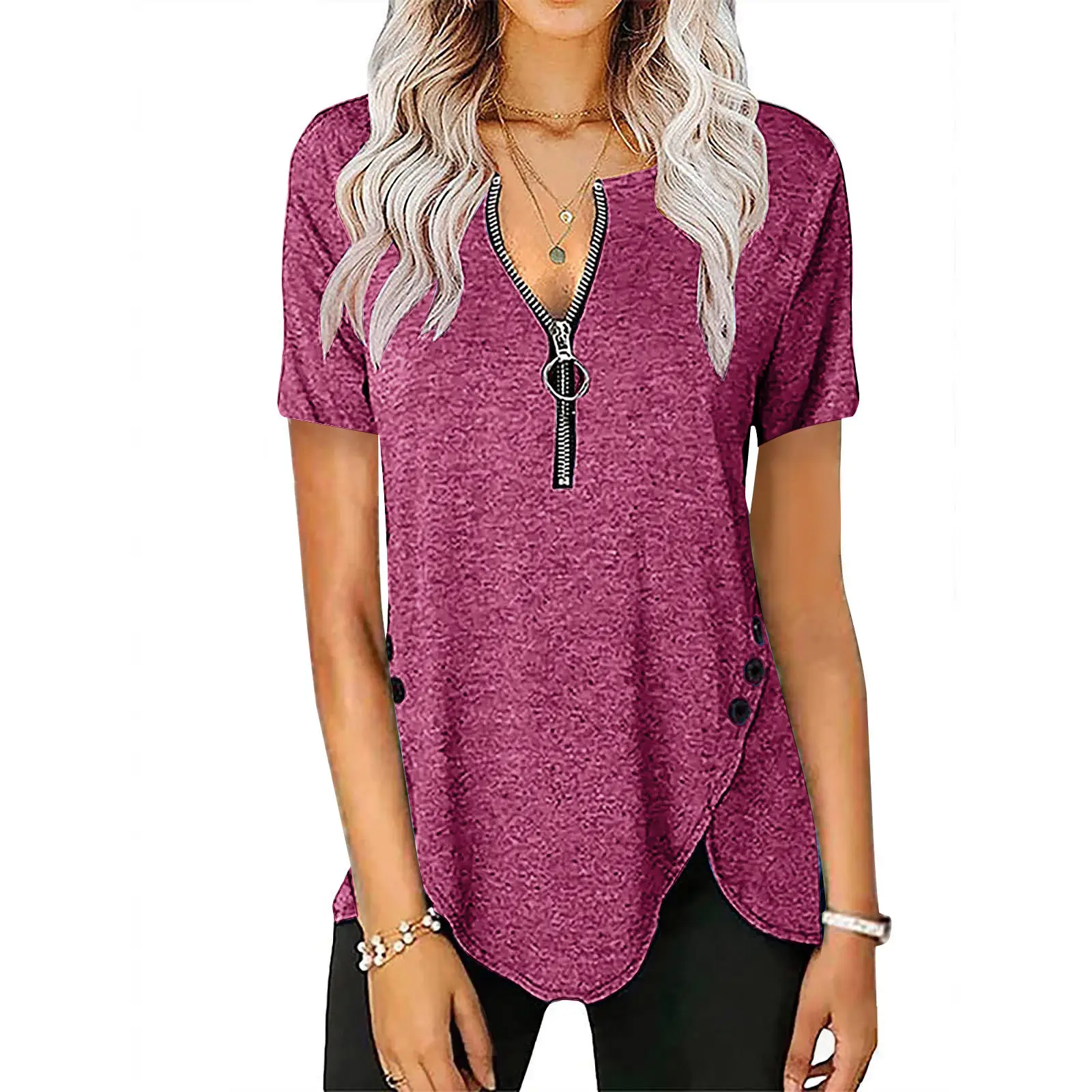 Blue V-Neck Zipper Button T-Shirt for Women - Image 4