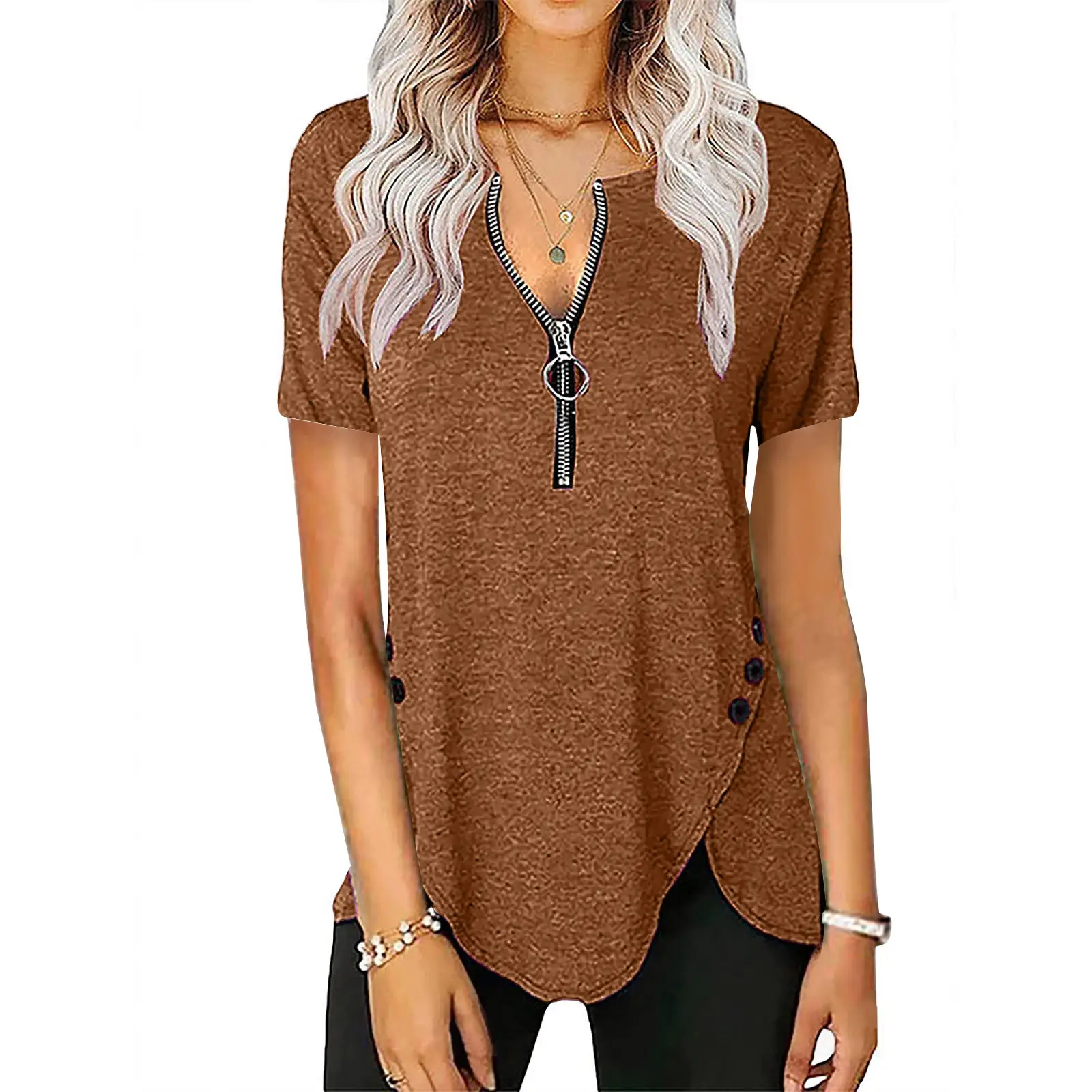 Blue V-Neck Zipper Button T-Shirt for Women - Image 9