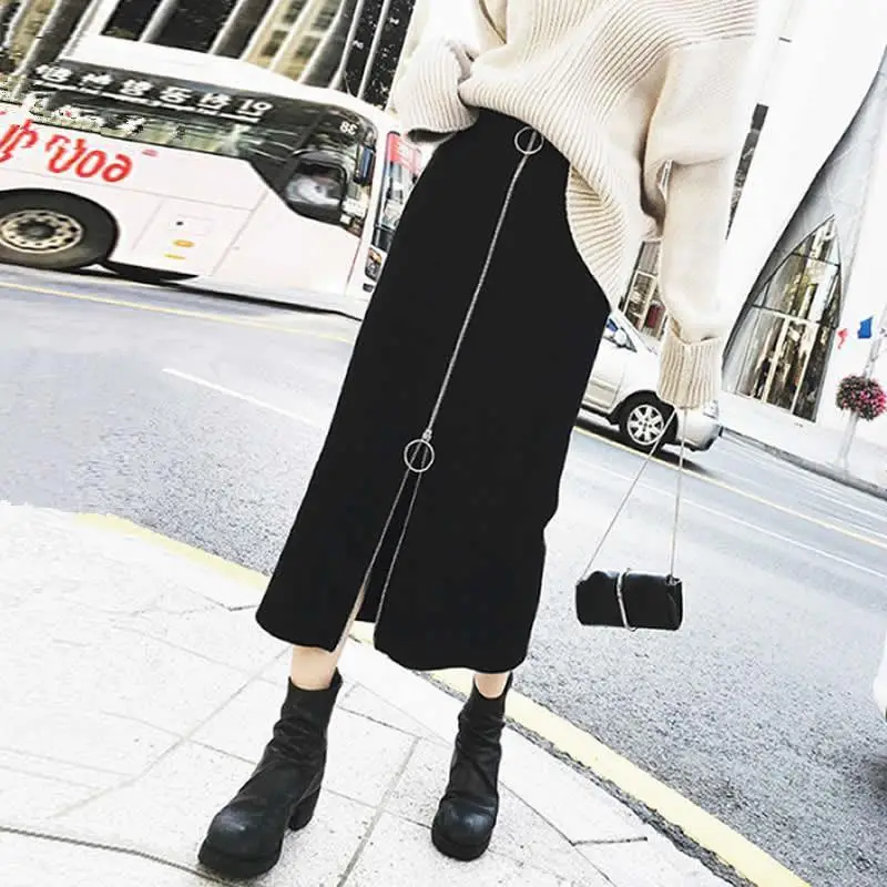 Black Korean Mid-Length Fat Weight Skirt with Zip Front - Image 2