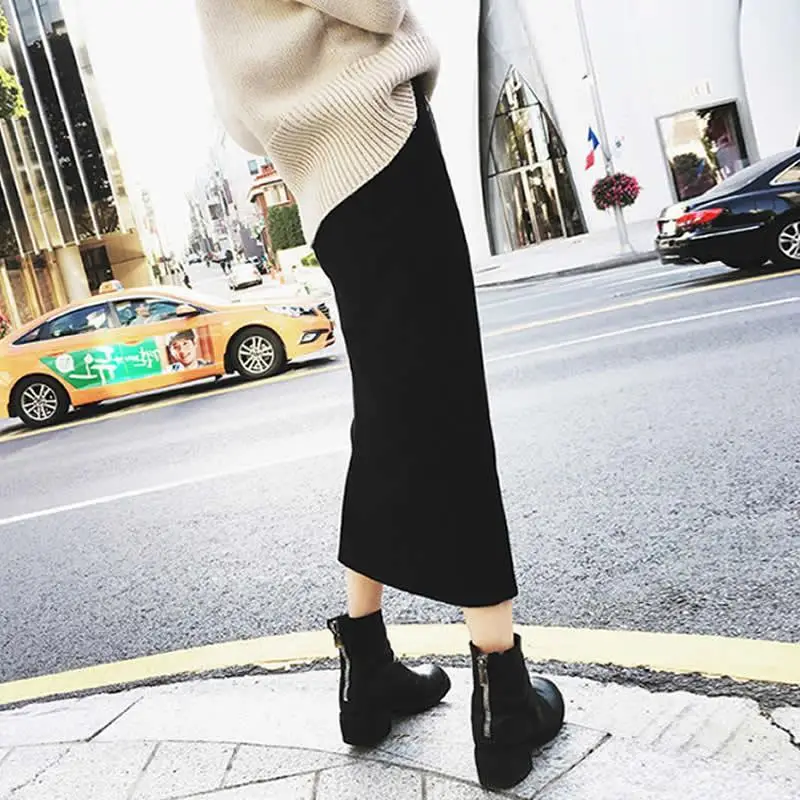 Black Korean Mid-Length Fat Weight Skirt with Zip Front - Image 3