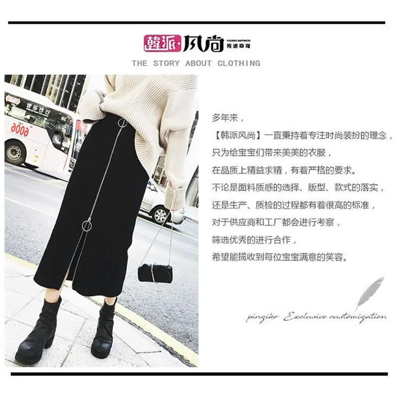 Black Korean Mid-Length Fat Weight Skirt with Zip Front — feature 1