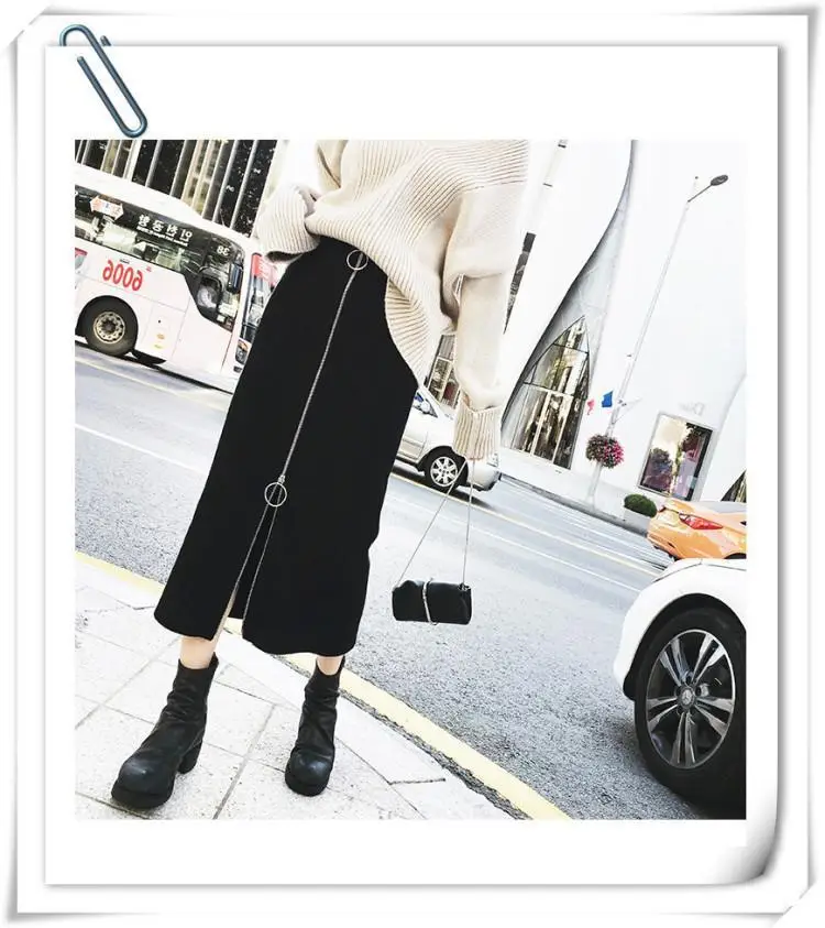 Black Korean Mid-Length Fat Weight Skirt with Zip Front — feature 3