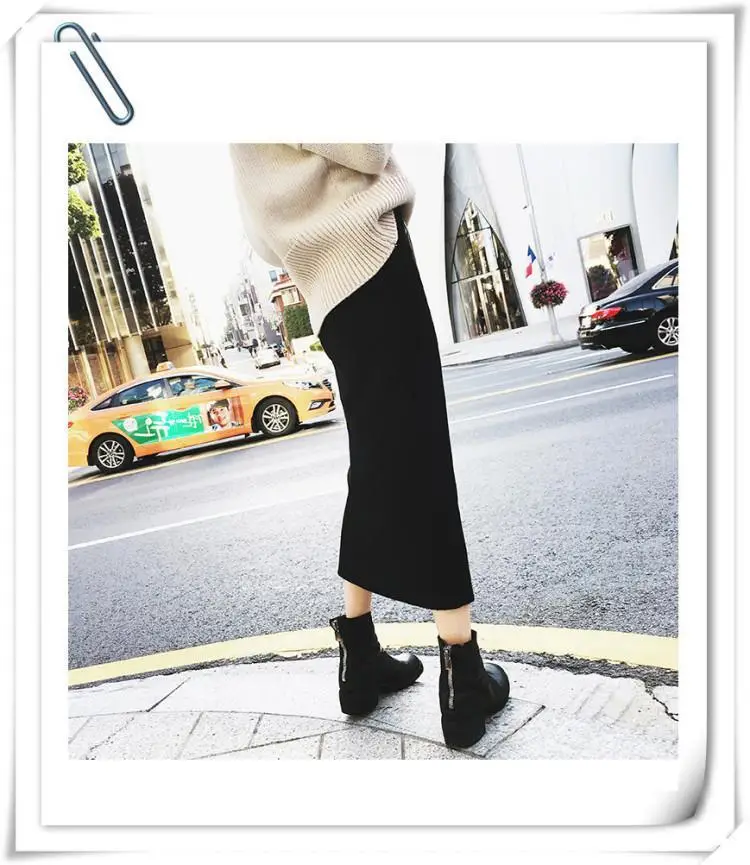 Black Korean Mid-Length Fat Weight Skirt with Zip Front — feature 9