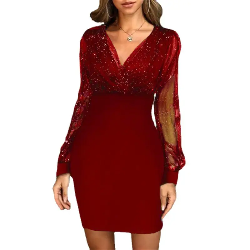 Maroon Sequin V-Neck Slim Fit Dress for Women