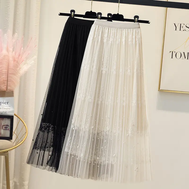 Black Lace Beaded Mesh Skirt High Waist A-Shaped Women - Image 4