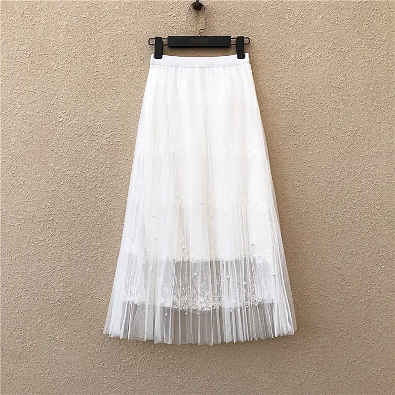 Black Lace Beaded Mesh Skirt High Waist A-Shaped Women - Image 5
