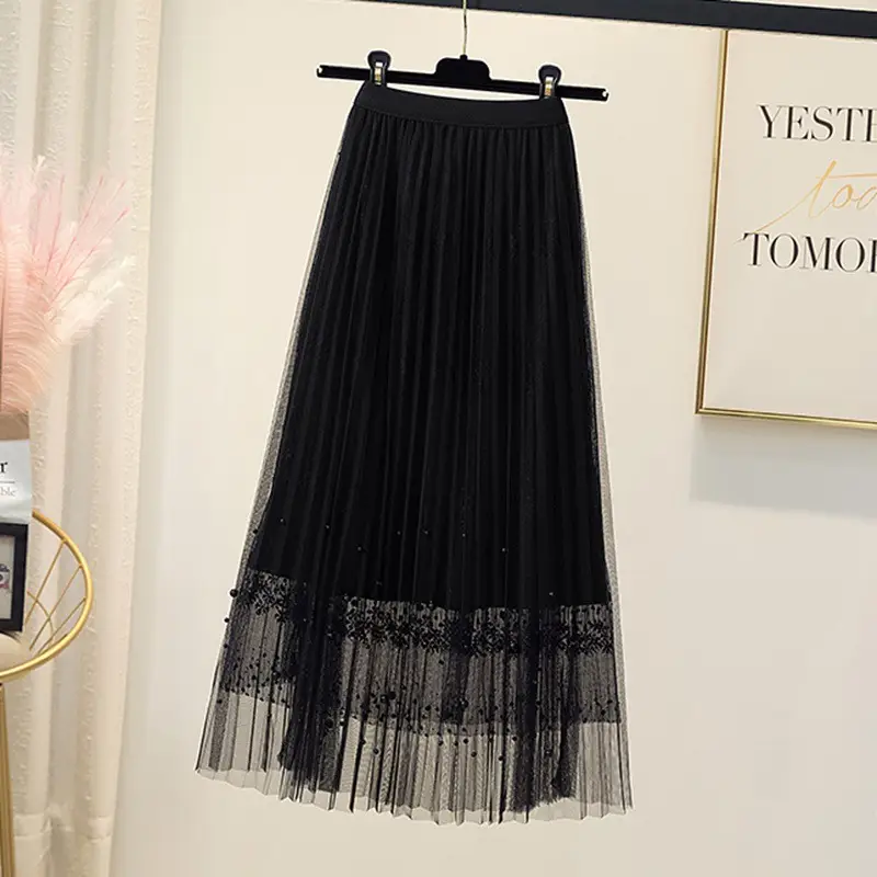 Black Lace Beaded Mesh Skirt High Waist A-Shaped Women - Image 7