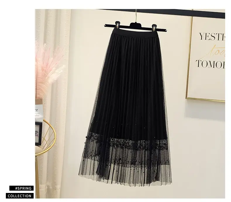 Black Lace Beaded Mesh Skirt High Waist A-Shaped Women — feature 12