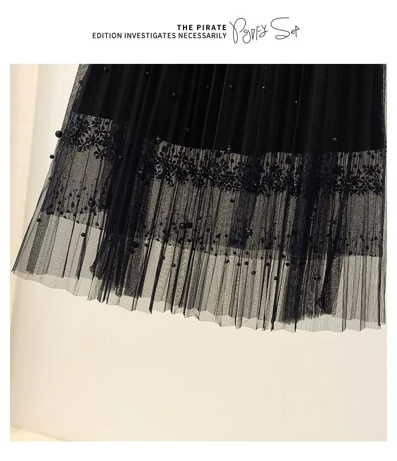 Black Lace Beaded Mesh Skirt High Waist A-Shaped Women — feature 15
