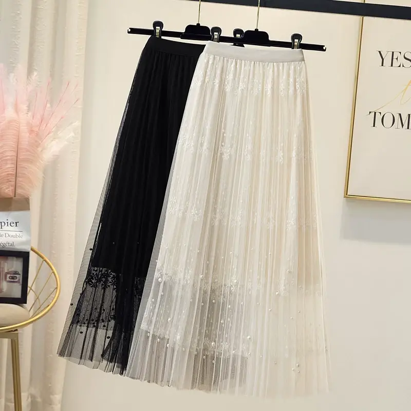 Black Lace Beaded Mesh Skirt High Waist A-Shaped Women — feature 2