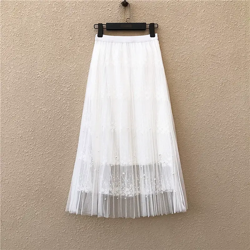 Black Lace Beaded Mesh Skirt High Waist A-Shaped Women — feature 5