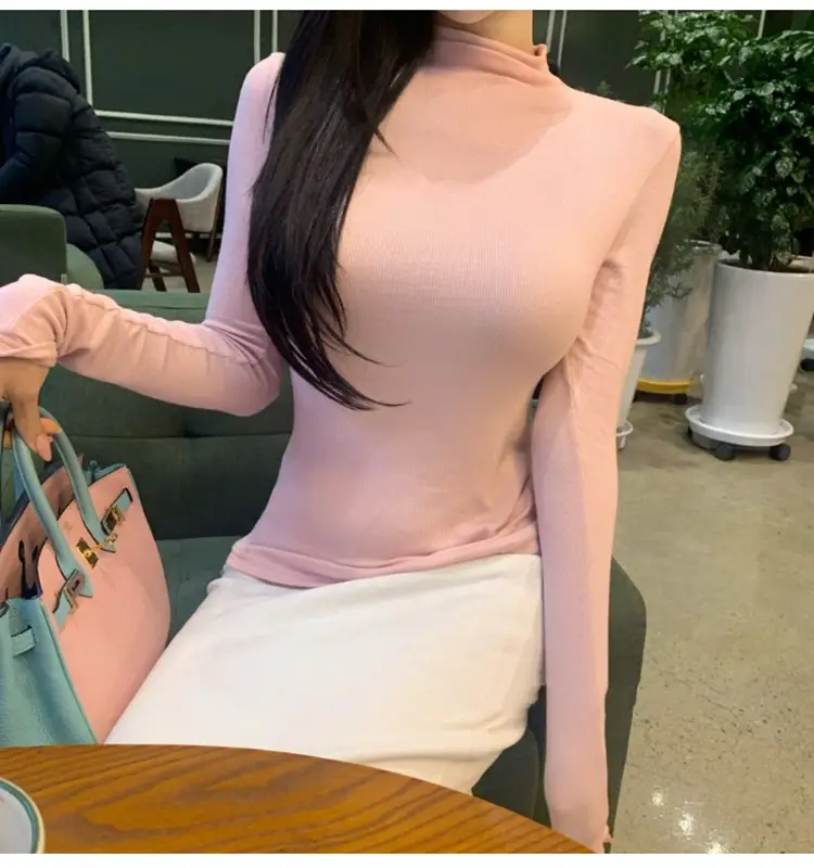 Pink Slim Fit Long Sleeve Top with High Neck — feature 2