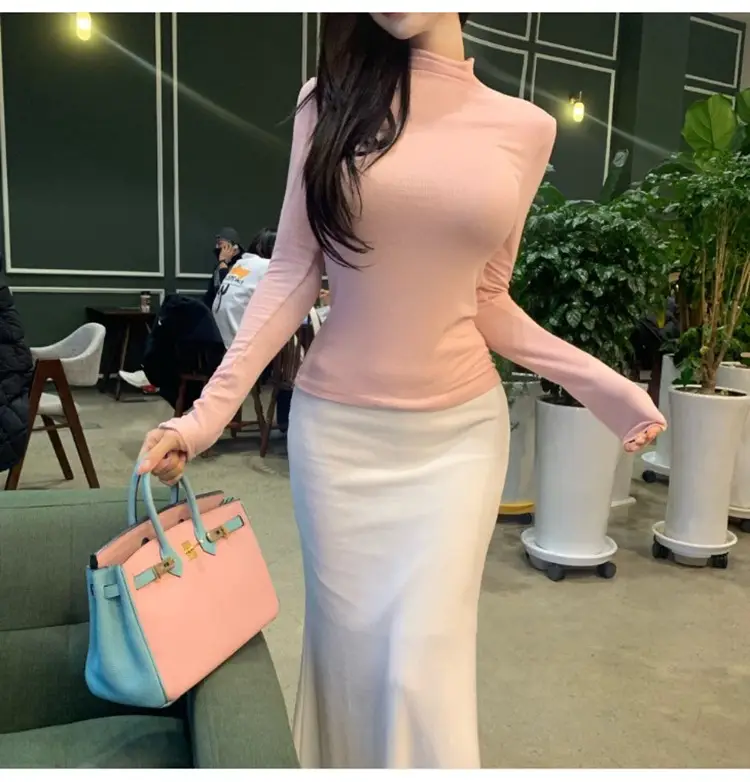 Pink Slim Fit Long Sleeve Top with High Neck — feature 6