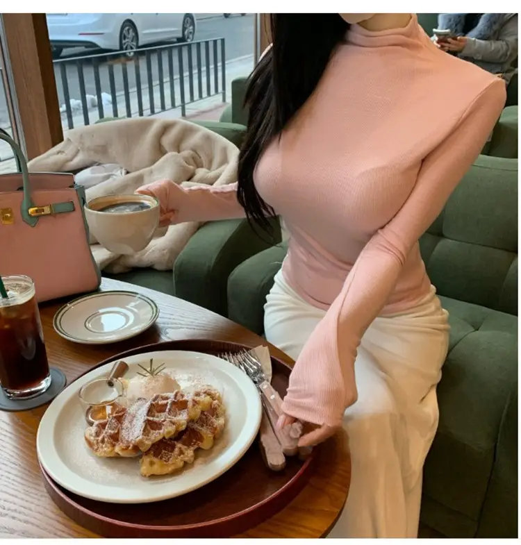 Pink Slim Fit Long Sleeve Top with High Neck — feature 7