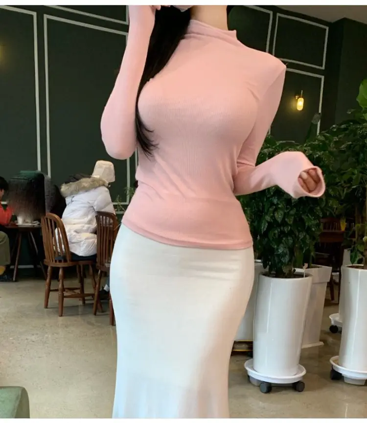 Pink Slim Fit Long Sleeve Top with High Neck — feature 8