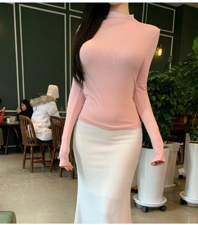 Pink Slim Fit Long Sleeve Top with High Neck — feature 9