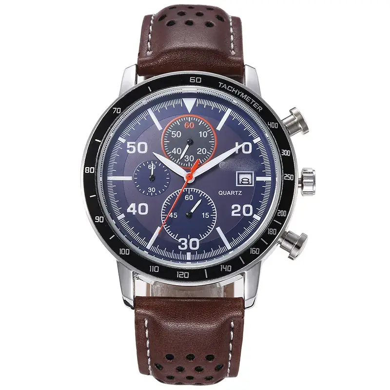 Men's Black Leather Belt Watch with Silver Crown - Image 2