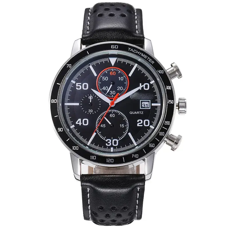 Men's Black Leather Belt Watch with Silver Crown - Image 3