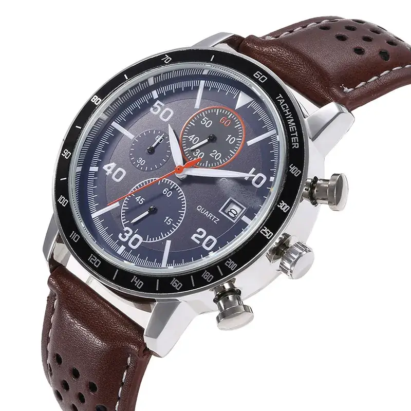 Men's Black Leather Belt Watch with Silver Crown - Image 4
