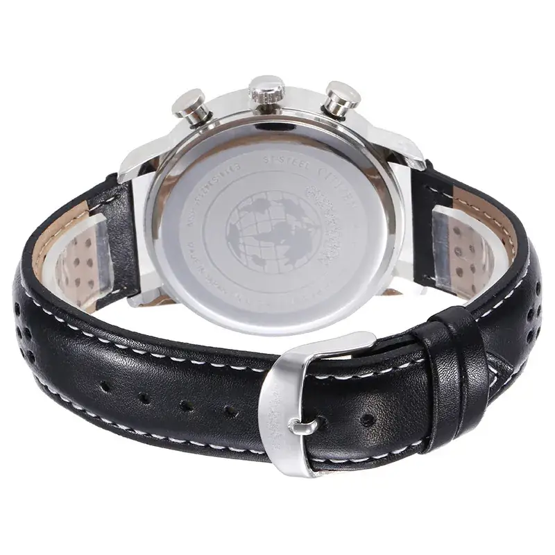 Men's Black Leather Belt Watch with Silver Crown - Image 5