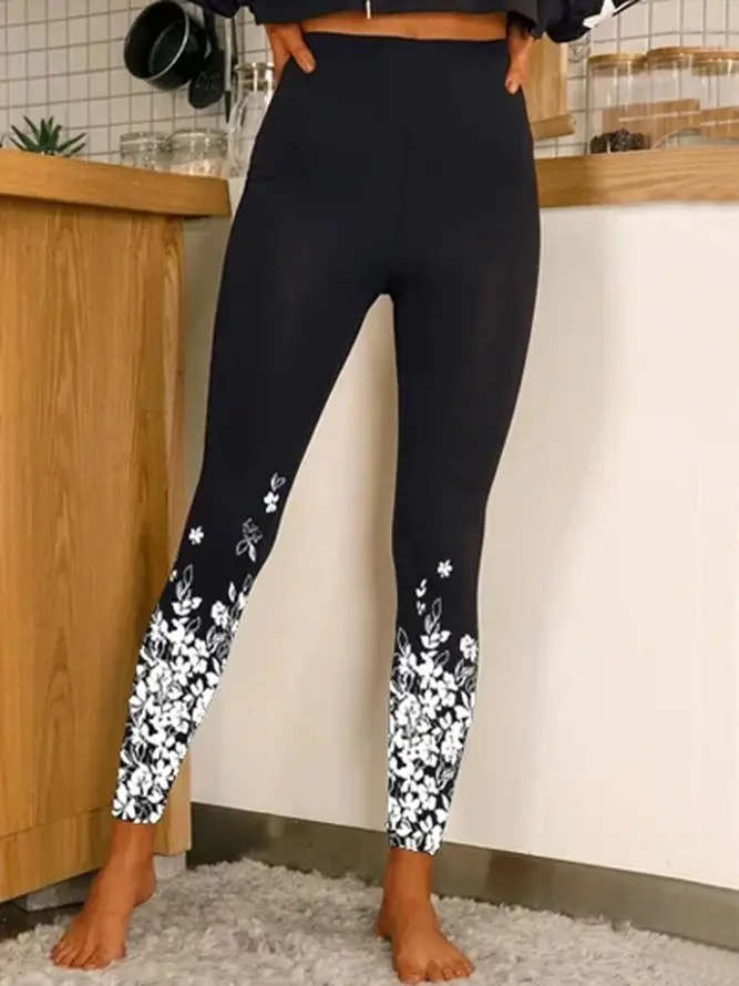 Black Printed Pencil Leggings High Waist Women