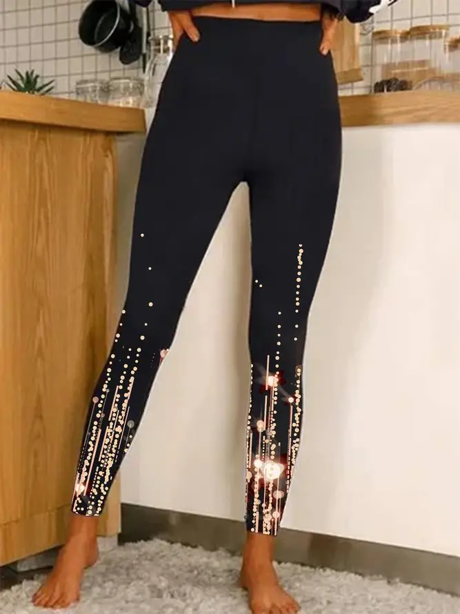 Black Printed Pencil Leggings High Waist Women
