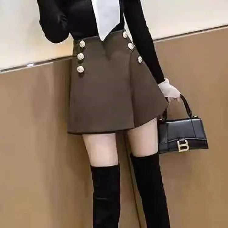 Women Woolen Skirt Set High Waist Wide Leg Winter 2024